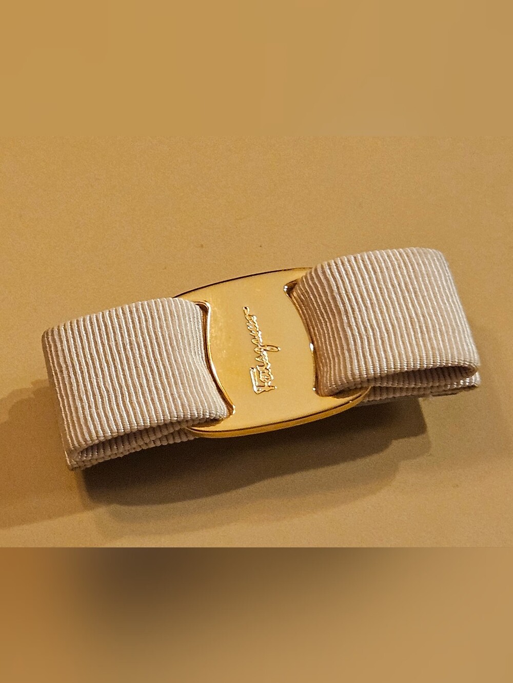 Salvatore Ferragamo Vara Bow Hair Clip Barrette Ivory Gold Authentic UPCYCLED